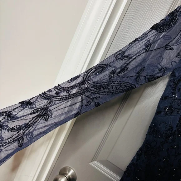 🥂 Aidan Mattox New Beaded Organza Formal Dress Navy Blue Size 6 - Picture 5 of 14